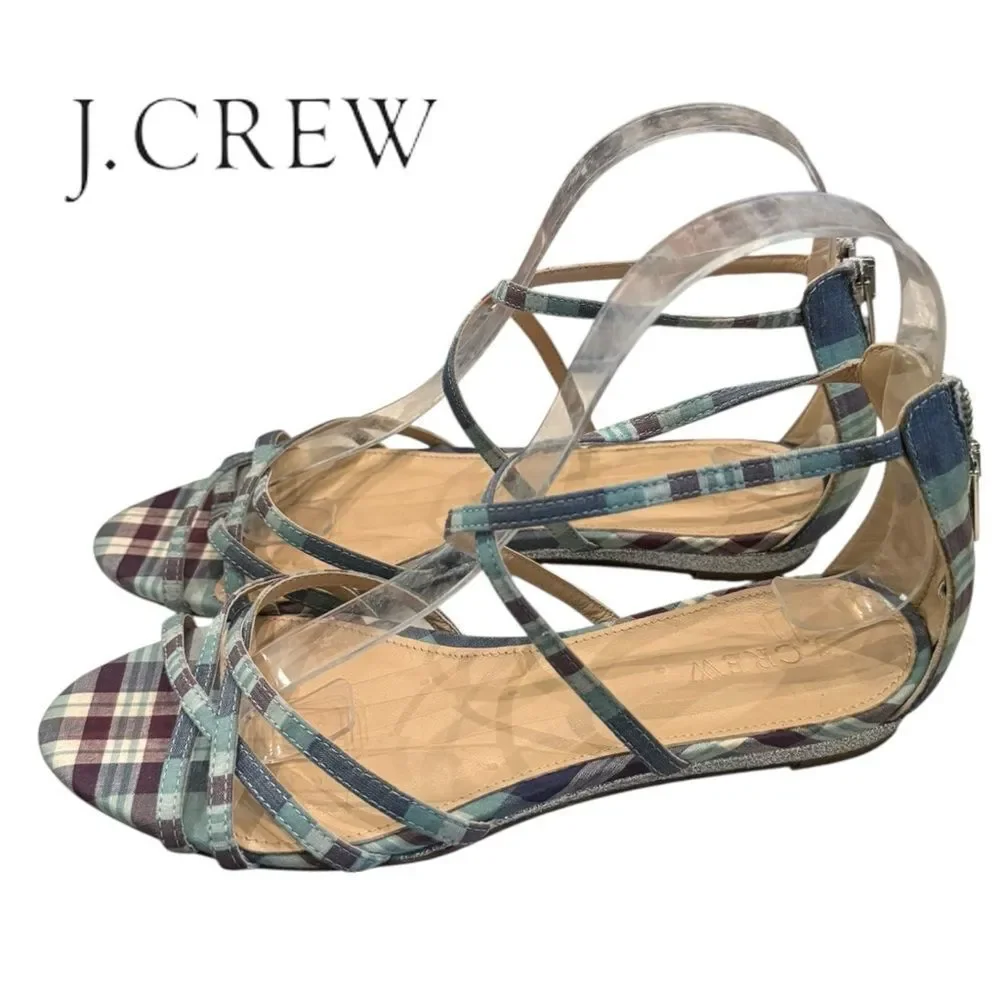J. Crew Cary Women's Plaid Strappy Mini Wedge Silver Glitter Sandals 6.5